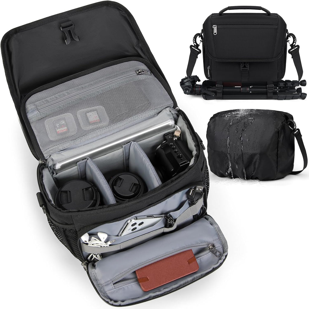 RAINSMORE Bolsa para cámara DSLR/SLR/SLR/sin espejo con soporte para trípode, bolsa cruzada para cámara impermeable para fotógrafos con cubierta de lluvia para Canon/Nikon/Sony/Fuji, color negro
