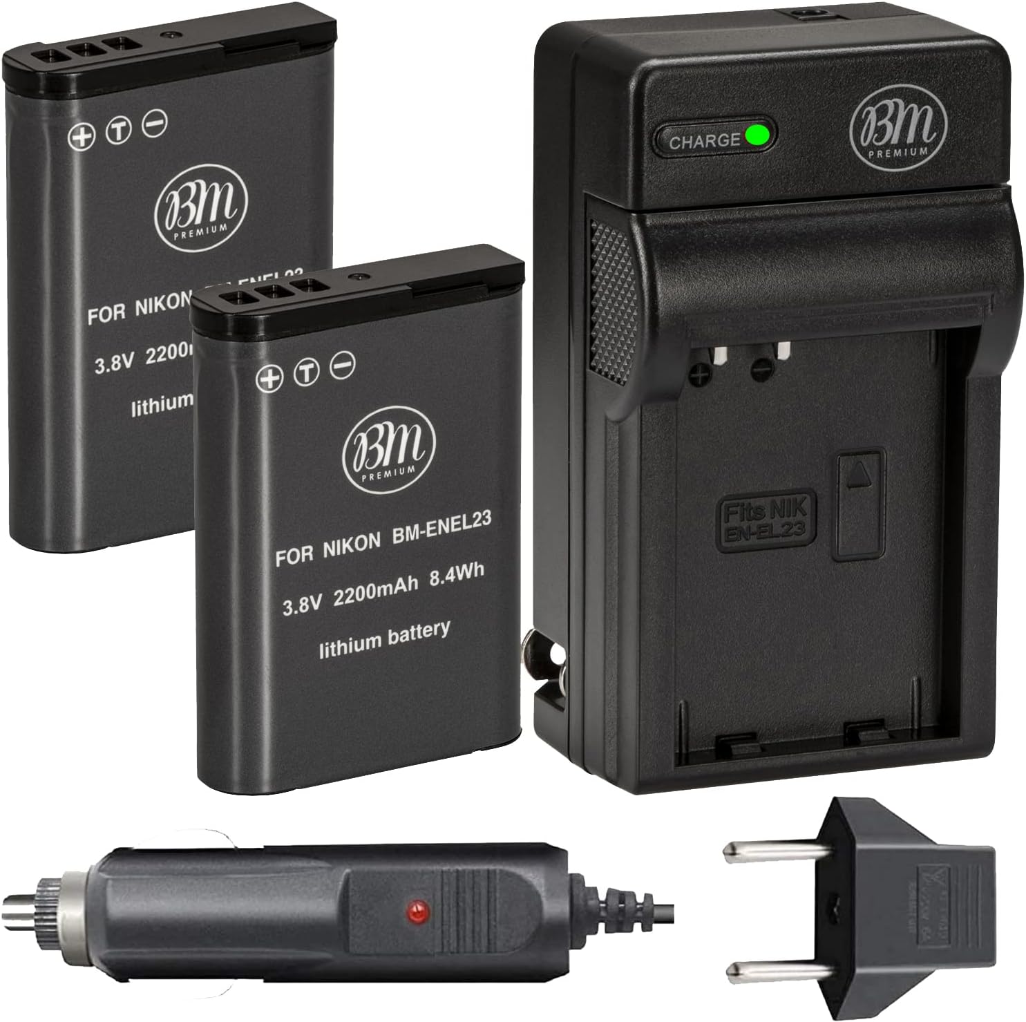 BM Premium Paquete de 2 baterías EN-EL23 y cargador de batería para cámara digital Nikon