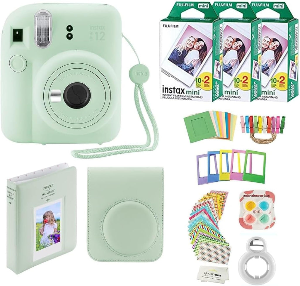 Fujifilm Cámara Instantánea Instax Mini 12 + 60 Impresiones Fotográficas + Paquete de Valor Fotográfico de Calidad, Estuche, Calcomanías Decorativas, Marcos, Álbum de Fotos, (Verde Menta)