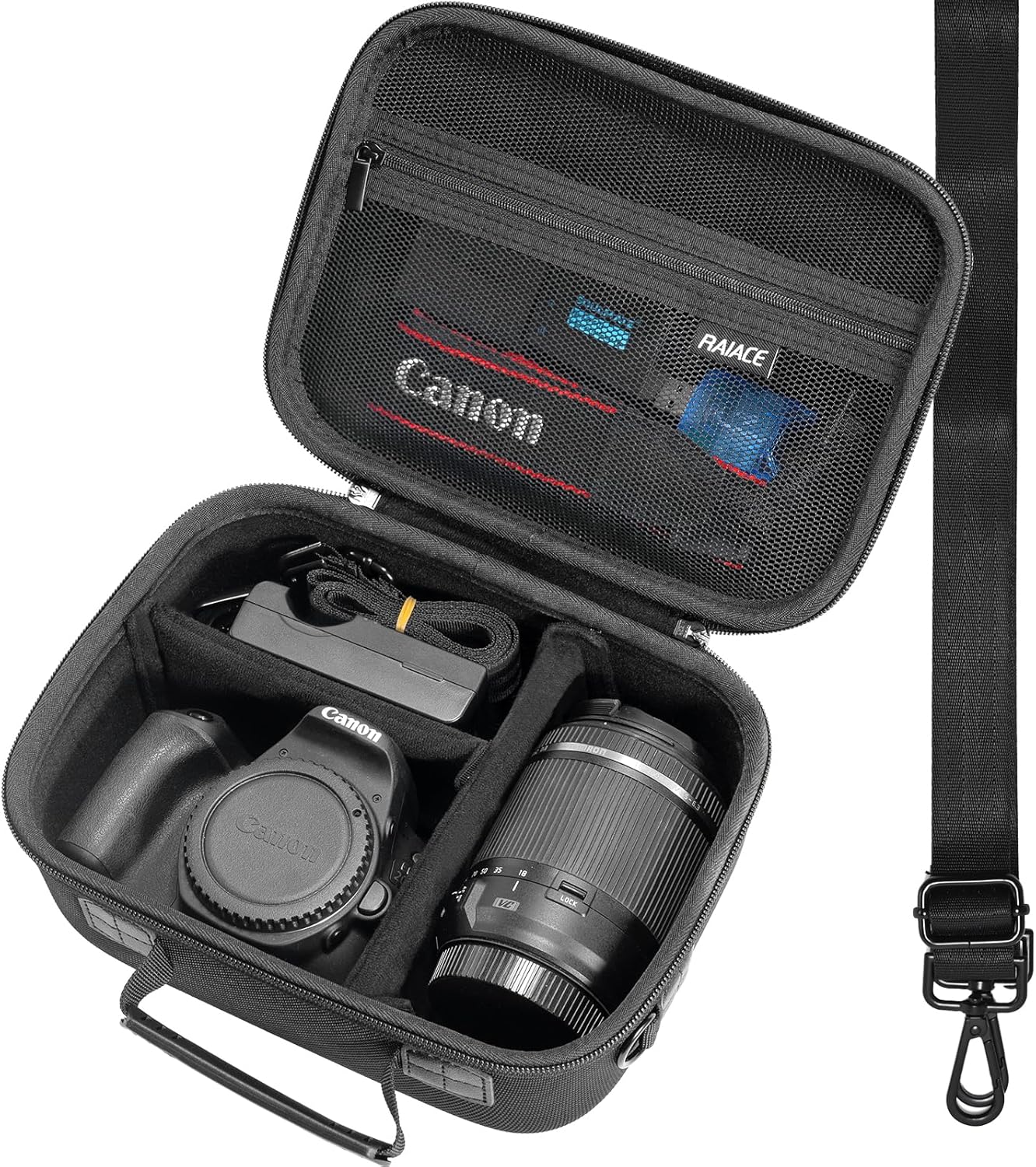 RAIACE Funda rígida de transporte compatible con Canon EOS Rebel T7 / R100 / R50, para Sony, para cámara Nikon, funda protectora con bolsillo de malla para cargador, cables, tarjetas y accesorios