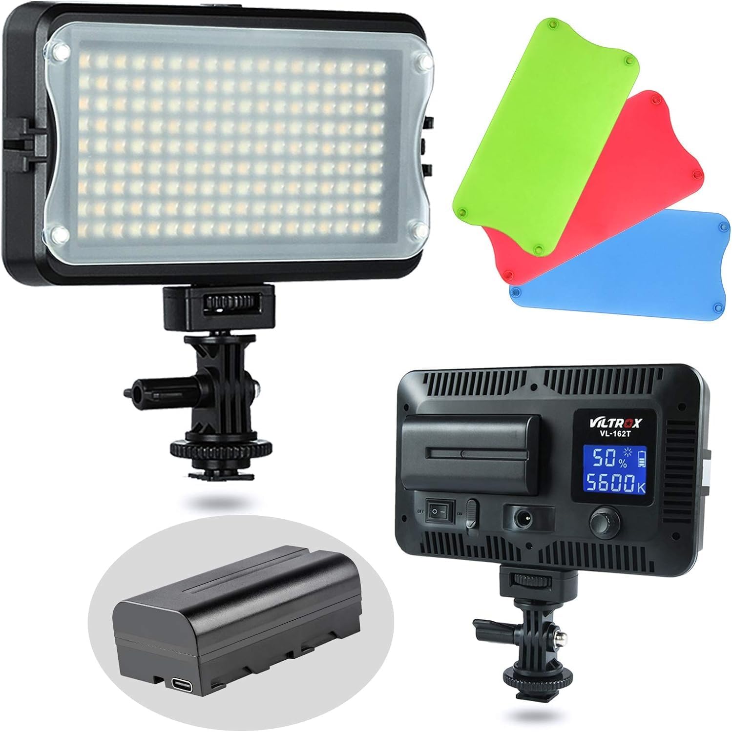 VILTROX VL-162T CRI95+ Luz de video LED, panel de luz de foto portátil regulable para cámara DSLR videocámara con batería, cargador, alto brillo, 3300K-5600K bicolor, filtro blanco y pantalla LCD