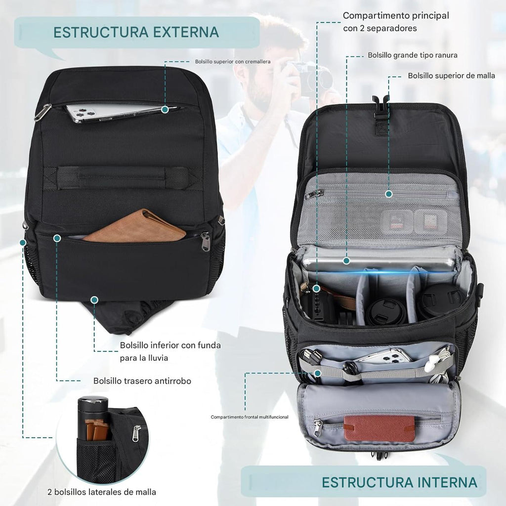 RAINSMORE Bolsa para cámara DSLR/SLR/SLR/sin espejo con soporte para trípode, bolsa cruzada para cámara impermeable para fotógrafos con cubierta de lluvia para Canon/Nikon/Sony/Fuji, color negro
