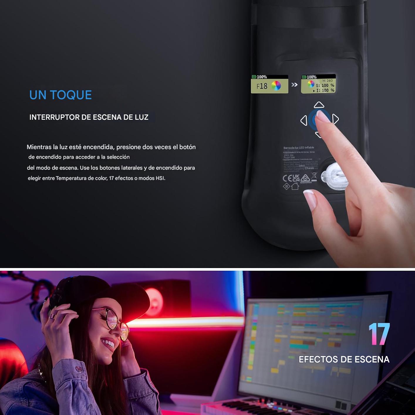 Barra de Luz RGB de Mano 35,5"/90cm, Iluminación TPU Inflable Portátil 5000mAh Tipo C 45W Entrada/30W Salida, 3000Lux 17 Efectos 2700-6500K CRI95 para Fotografía de Estudio