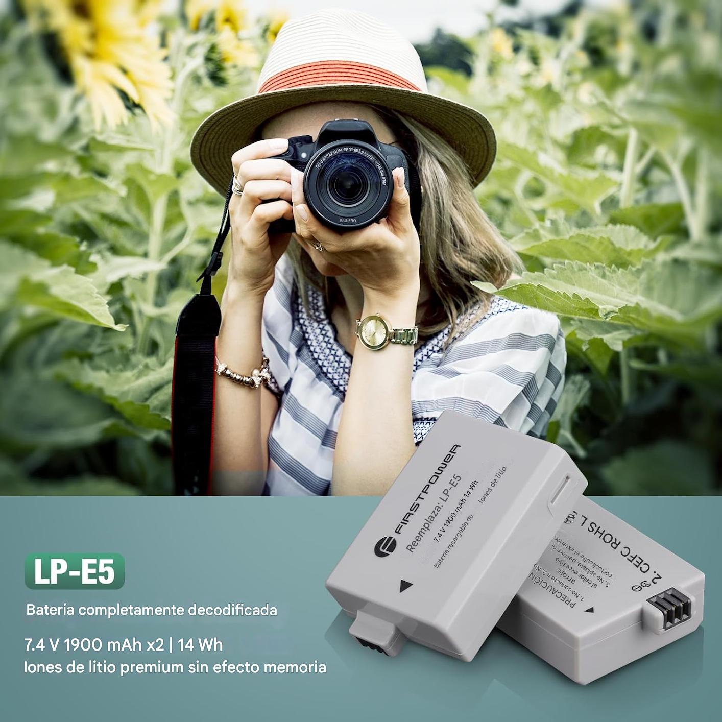 Baterías LP-E5 (paquete de 2, 1900 mAh) y cargador USB dual compatible con Canon EOS Rebel XS, Rebel T1i, Rebel XSi, 1000D, 500D, 450D, Kiss X3, Kiss X2, Kiss F