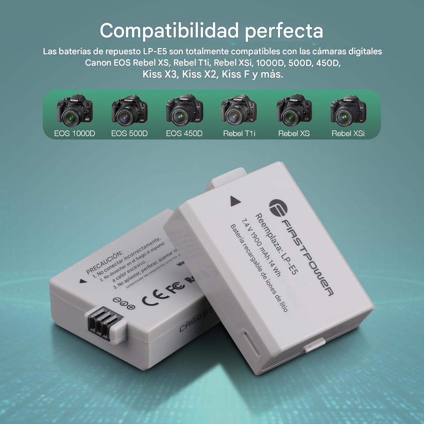 Baterías LP-E5 (paquete de 2, 1900 mAh) y cargador USB dual compatible con Canon EOS Rebel XS, Rebel T1i, Rebel XSi, 1000D, 500D, 450D, Kiss X3, Kiss X2, Kiss F