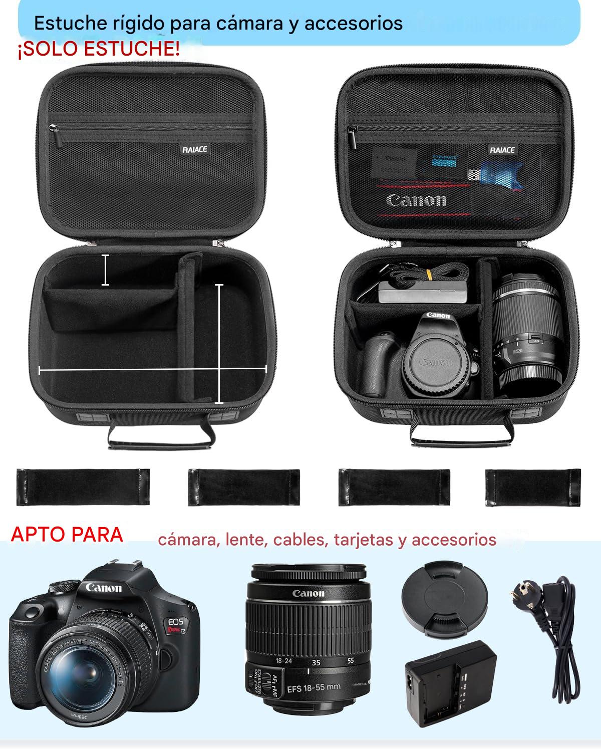 RAIACE Funda rígida de transporte compatible con Canon EOS Rebel T7 / R100 / R50, para Sony, para cámara Nikon, funda protectora con bolsillo de malla para cargador, cables, tarjetas y accesorios