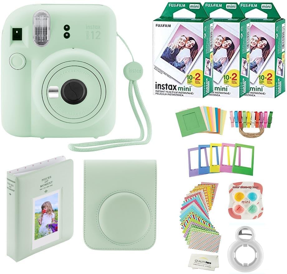 Fujifilm Cámara Instantánea Instax Mini 12 + 60 Impresiones Fotográficas + Paquete de Valor Fotográfico de Calidad, Estuche, Calcomanías Decorativas, Marcos, Álbum de Fotos, (Verde Menta)