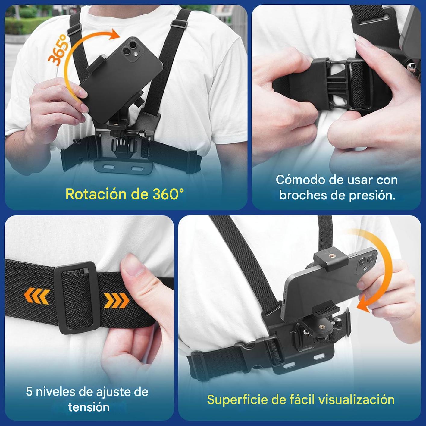 Correa de arnés de montaje en el pecho del teléfono móvil para grabación de video, bicicleta, kayak, pesca, monopatín, POV/VLOG para iPhone/Samsung para GoPro Hero 11 10 9 8/Insta360/DJI Action