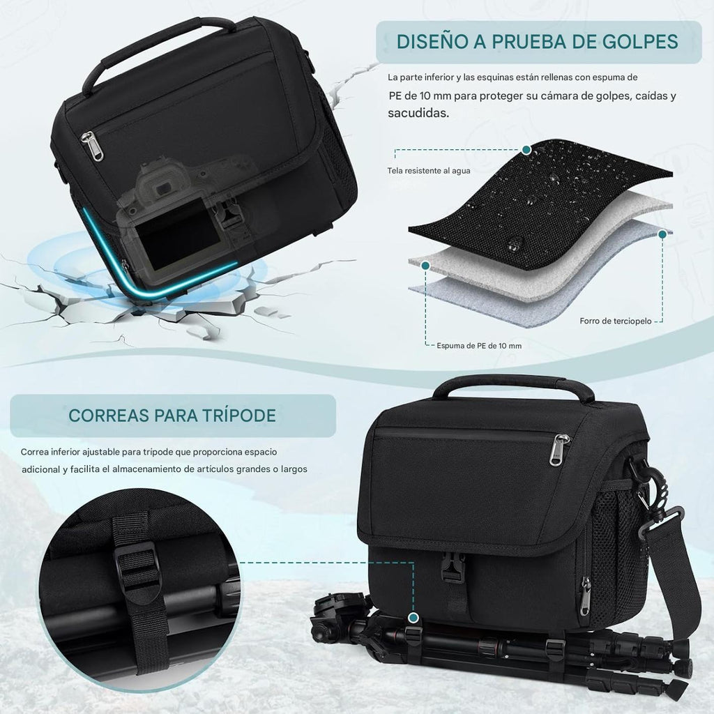 RAINSMORE Bolsa para cámara DSLR/SLR/SLR/sin espejo con soporte para trípode, bolsa cruzada para cámara impermeable para fotógrafos con cubierta de lluvia para Canon/Nikon/Sony/Fuji, color negro