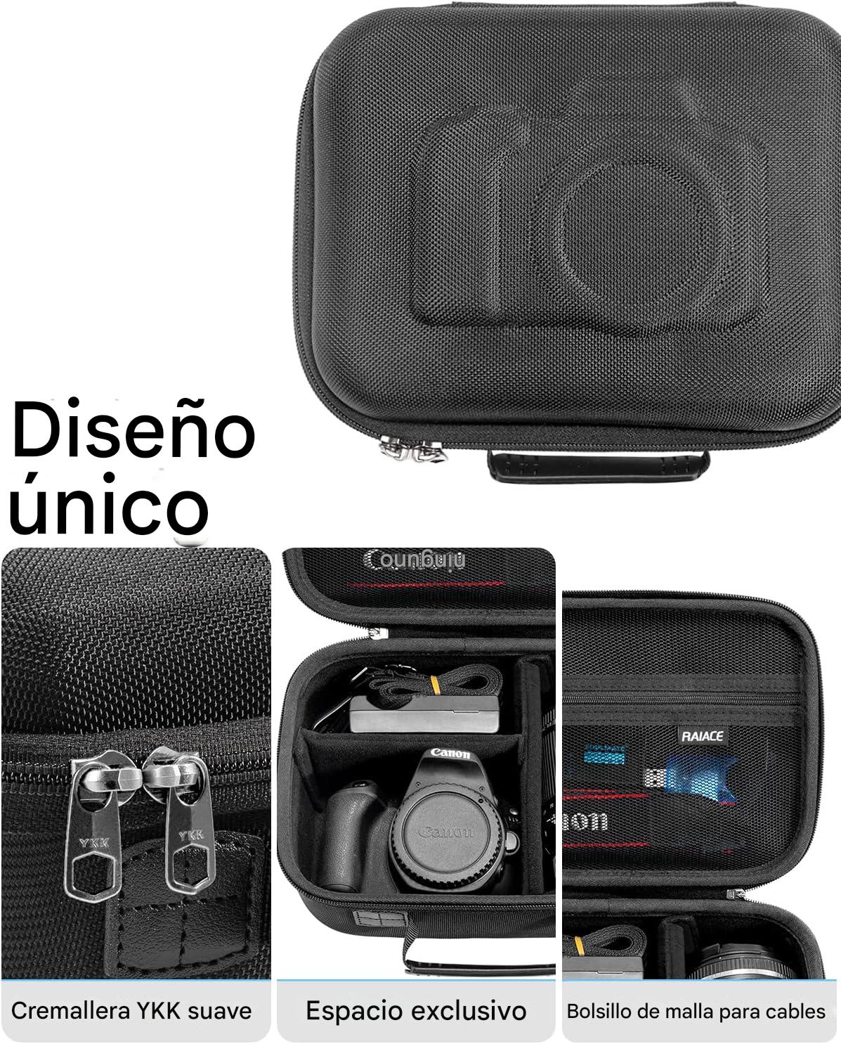 RAIACE Funda rígida de transporte compatible con Canon EOS Rebel T7 / R100 / R50, para Sony, para cámara Nikon, funda protectora con bolsillo de malla para cargador, cables, tarjetas y accesorios