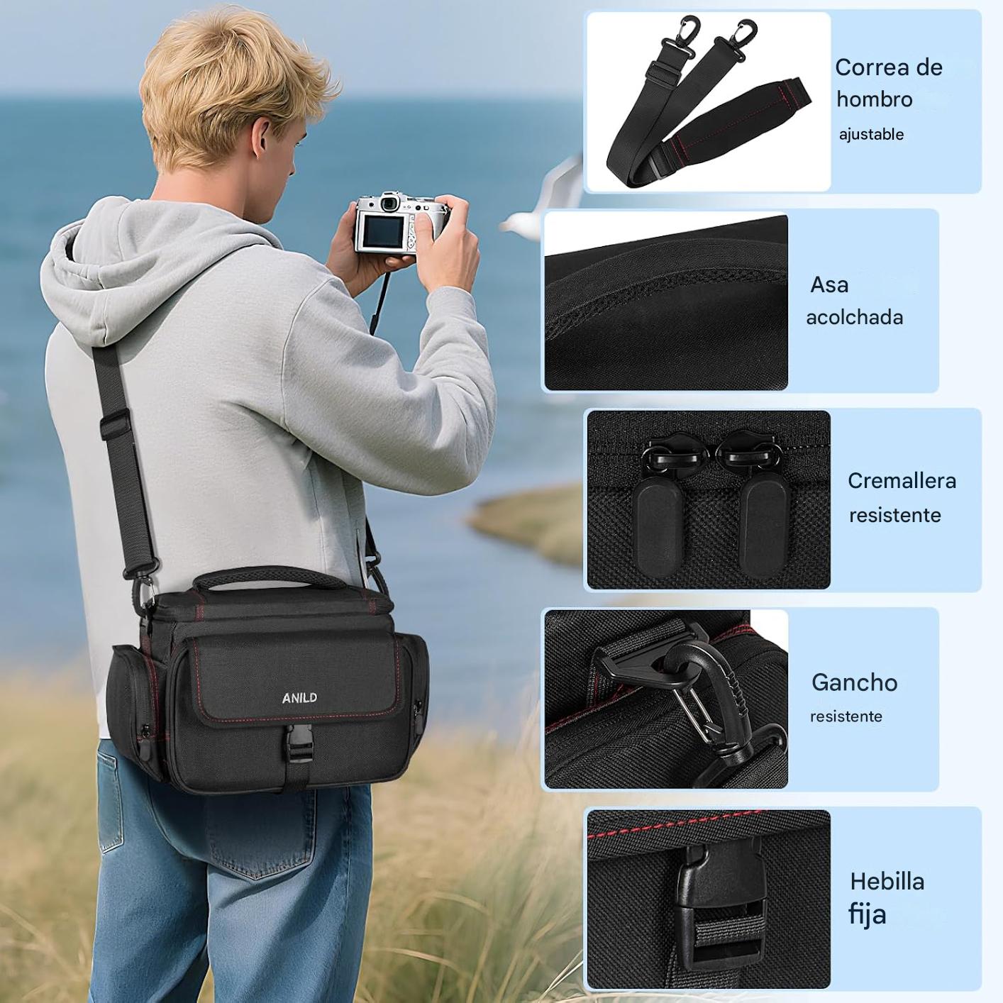 ANILD DSLR - Bolsa cruzada para cámara fotográfica, resistente al agua, bolsa de mensajero para cámara fotográfica de viaje