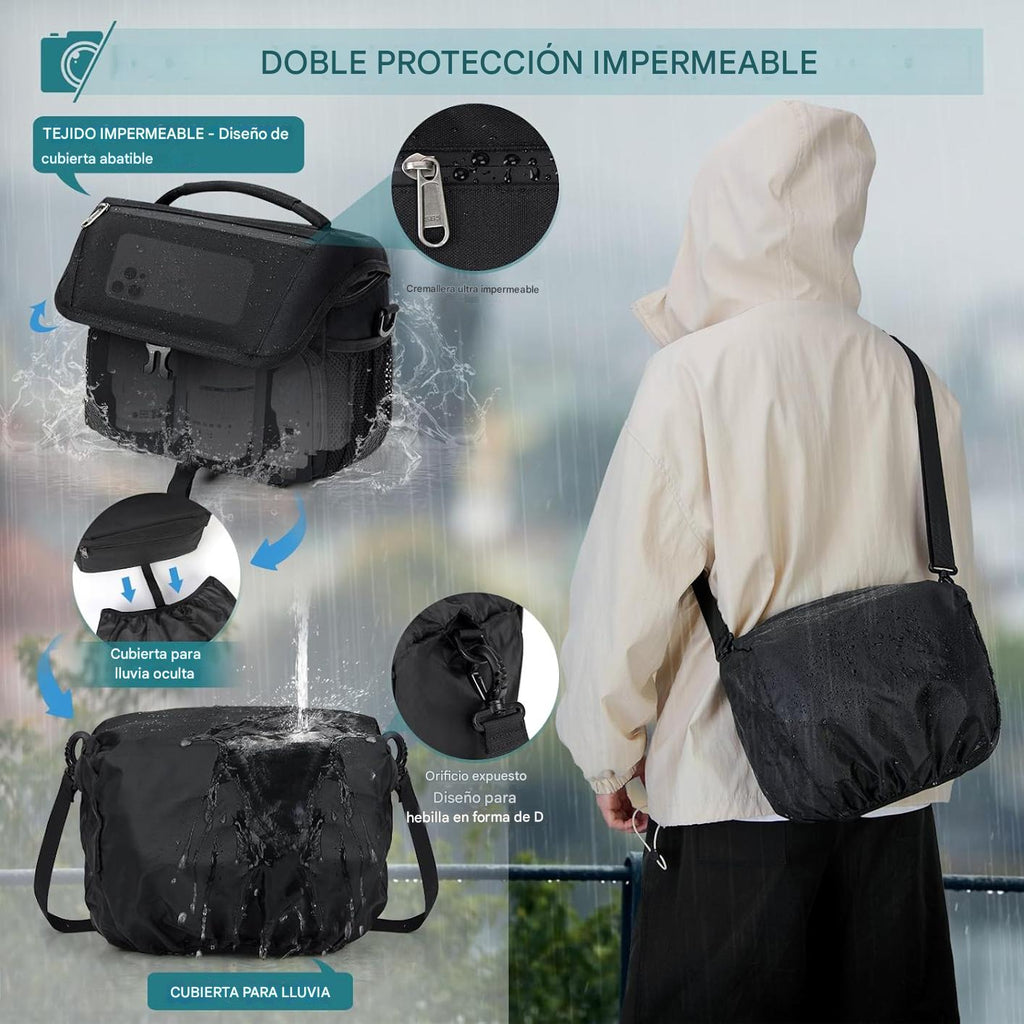 RAINSMORE Bolsa para cámara DSLR/SLR/SLR/sin espejo con soporte para trípode, bolsa cruzada para cámara impermeable para fotógrafos con cubierta de lluvia para Canon/Nikon/Sony/Fuji, color negro