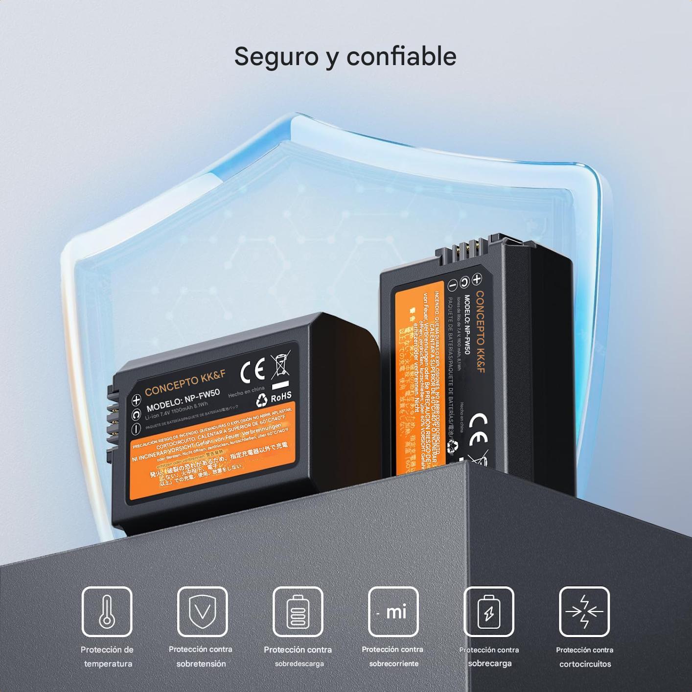 Batería NP-FW50 y cargador de doble ranura para cámaras Sony ZV-E10 A6500 A6400 A6300 A6000 A7II A7RII A7SII A7S A7R A7R2 NEX-3 NEX-5