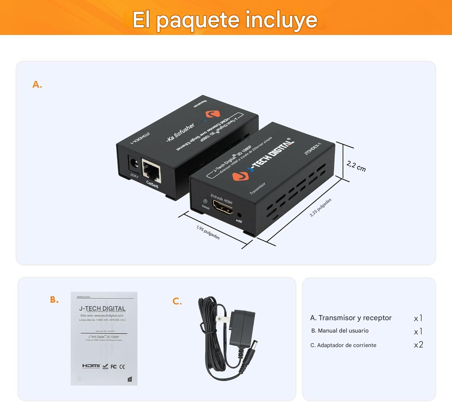 J-Tech Digital Extensor HDMI sobre cat5e/6 1080P a 200 pies