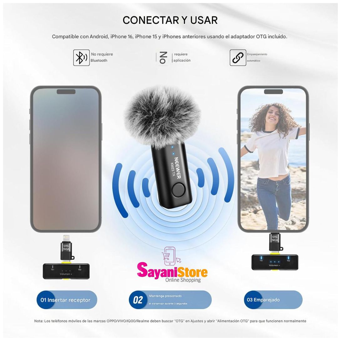 NEEWER Micrófono Lavalier Inalámbrico para iPhone Android Tablet PC Laptop Rango de 40m/131ft