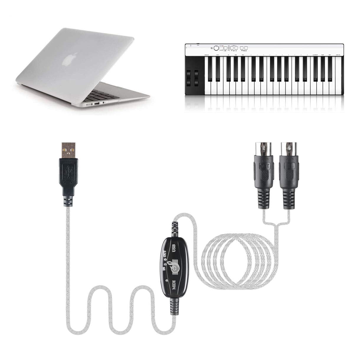 Cable Midi USB. Convertidor de cable USB a MIDI 2 en 1 PC a sintetizador Interfaz de teclado de estudio de música, cable adaptador de enchufe de cable