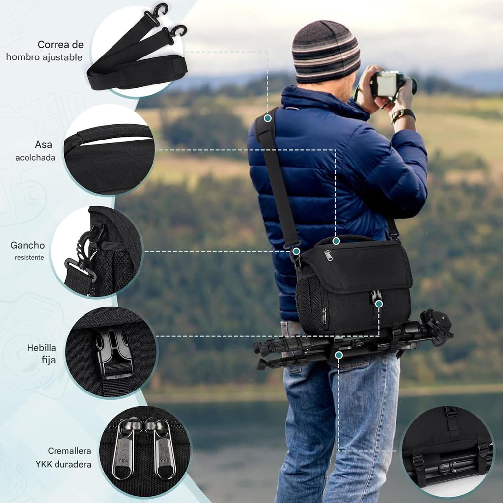RAINSMORE Bolsa para cámara DSLR/SLR/SLR/sin espejo con soporte para trípode, bolsa cruzada para cámara impermeable para fotógrafos con cubierta de lluvia para Canon/Nikon/Sony/Fuji, color negro