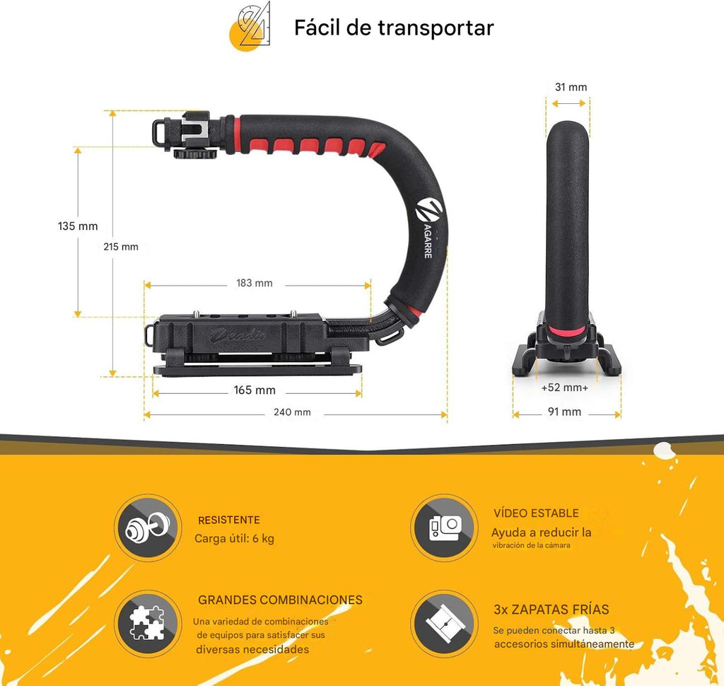 Estabilizador de Video con Empuñadura Estabilizadora Manual con Soporte de Zapata Fría para Todas las Cámaras y Videocámaras DSLR