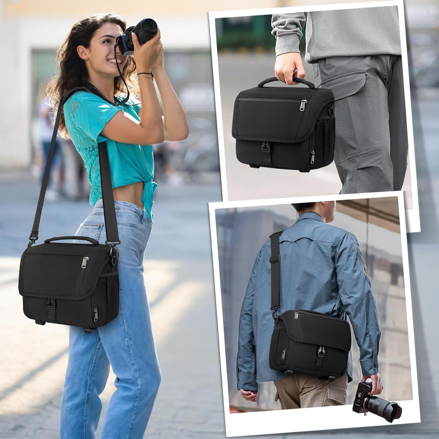RAINSMORE Bolsa para cámara DSLR/SLR/SLR/sin espejo con soporte para trípode, bolsa cruzada para cámara impermeable para fotógrafos con cubierta de lluvia para Canon/Nikon/Sony/Fuji, color negro