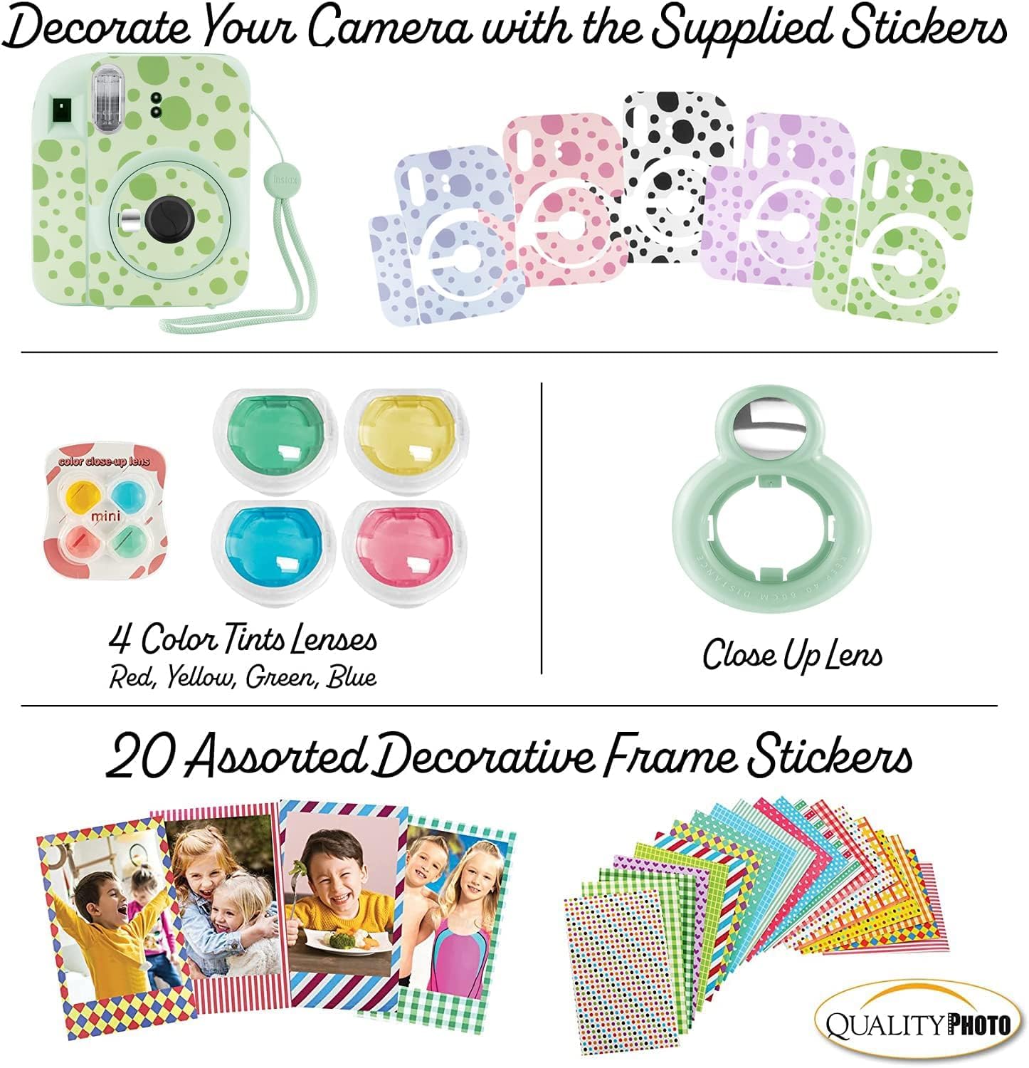 Fujifilm Cámara Instantánea Instax Mini 12 + 60 Impresiones Fotográficas + Paquete de Valor Fotográfico de Calidad, Estuche, Calcomanías Decorativas, Marcos, Álbum de Fotos, (Verde Menta)
