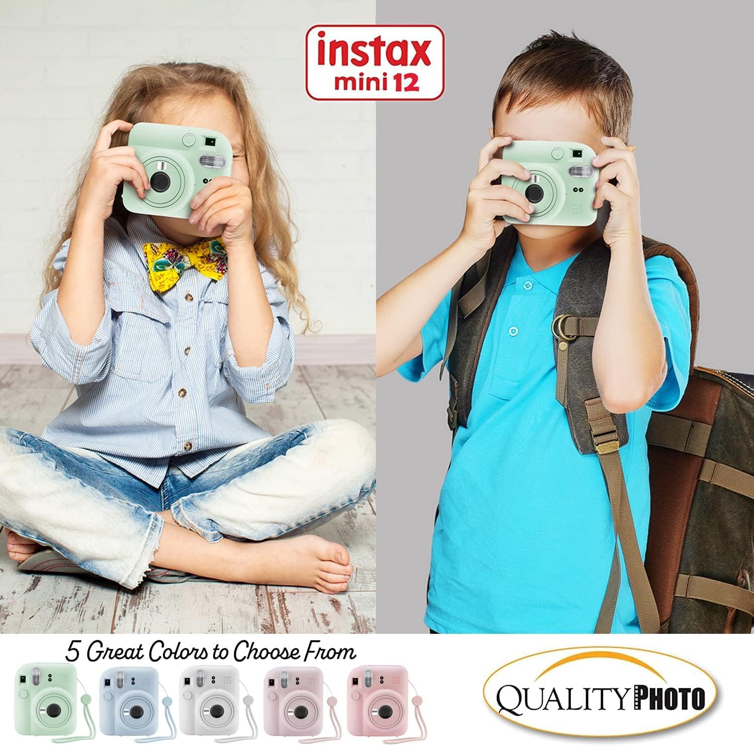 Fujifilm Cámara Instantánea Instax Mini 12 + 60 Impresiones Fotográficas + Paquete de Valor Fotográfico de Calidad, Estuche, Calcomanías Decorativas, Marcos, Álbum de Fotos, (Verde Menta)