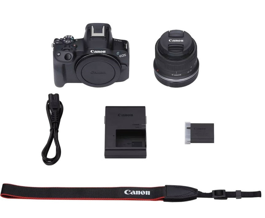 Cámara mirrorless Canon EOS R50 con lentes 18–45mm y 10–18mm